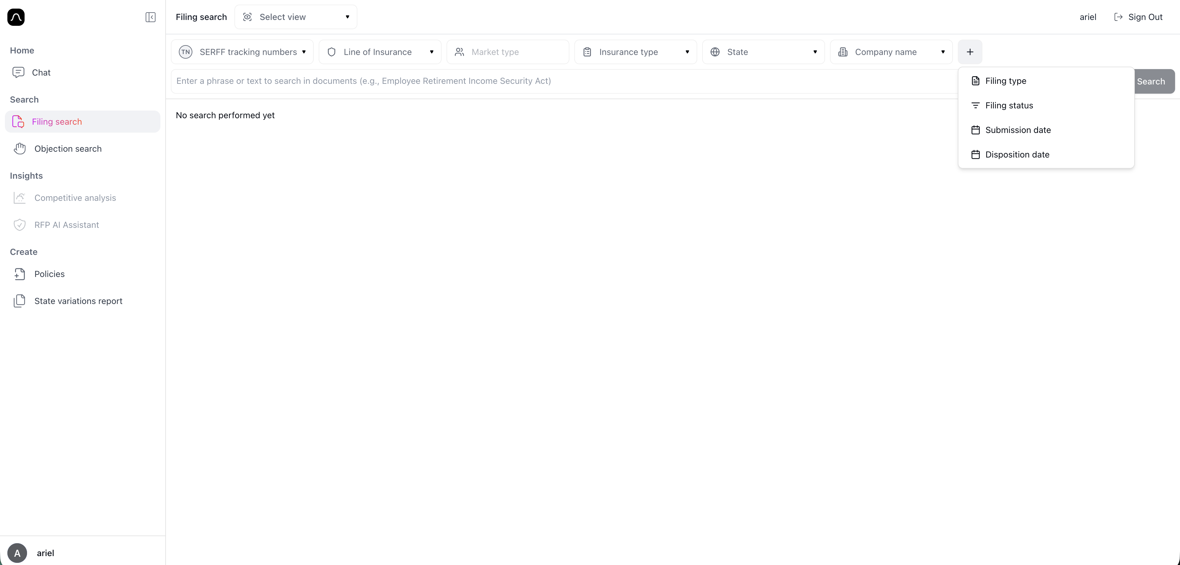 Filing search filters