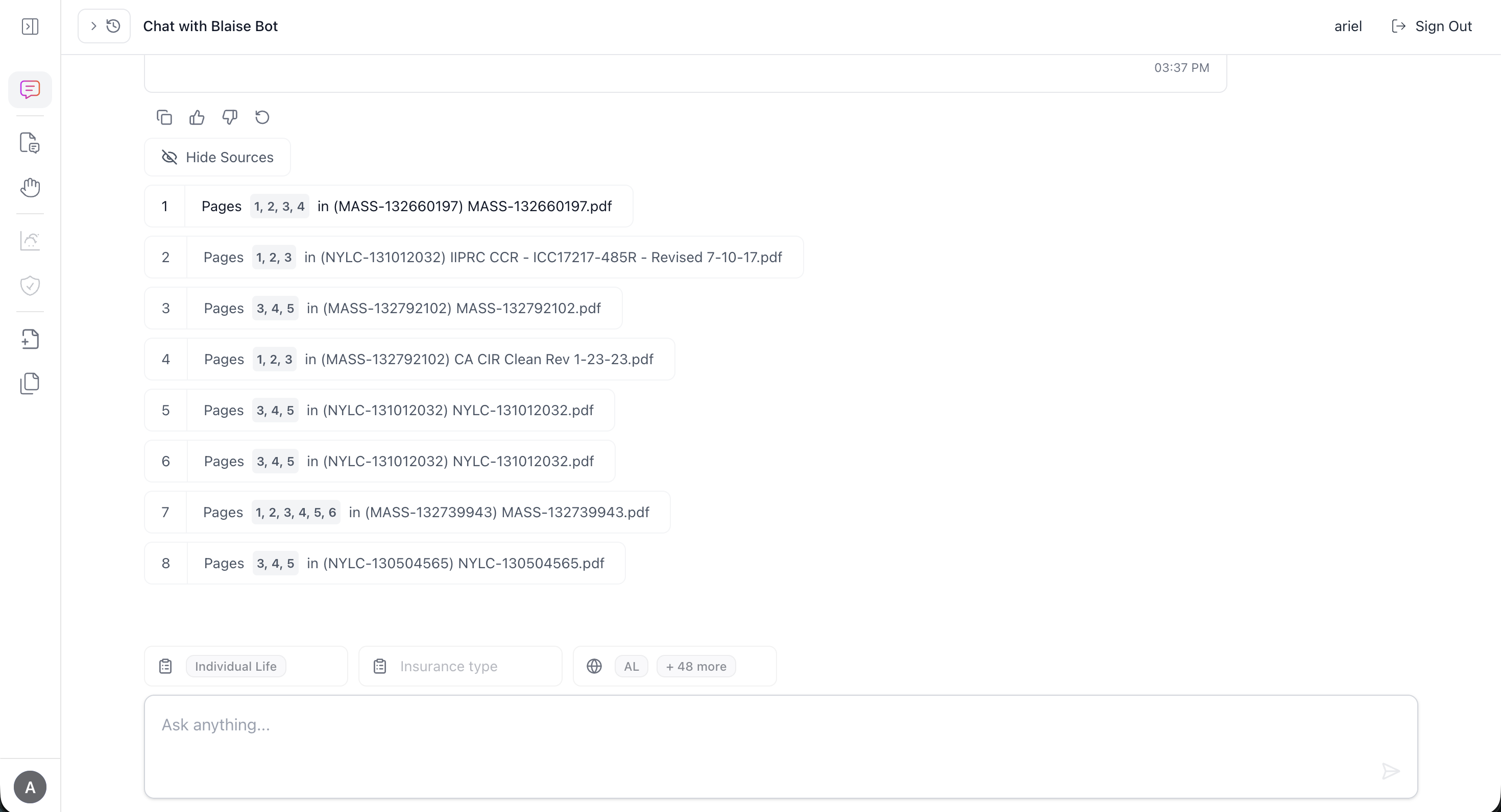 Chat sources list view