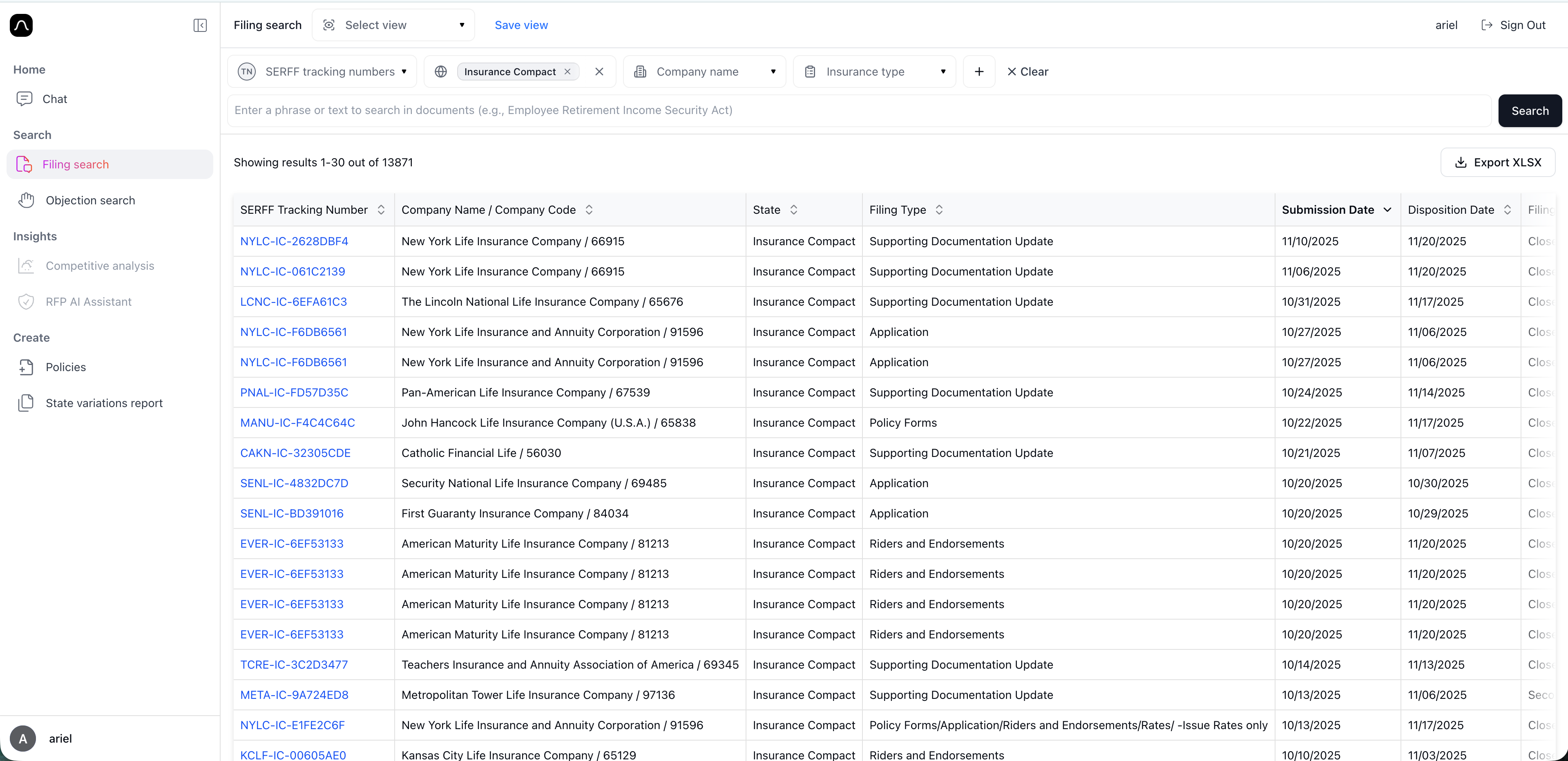 Filing results table